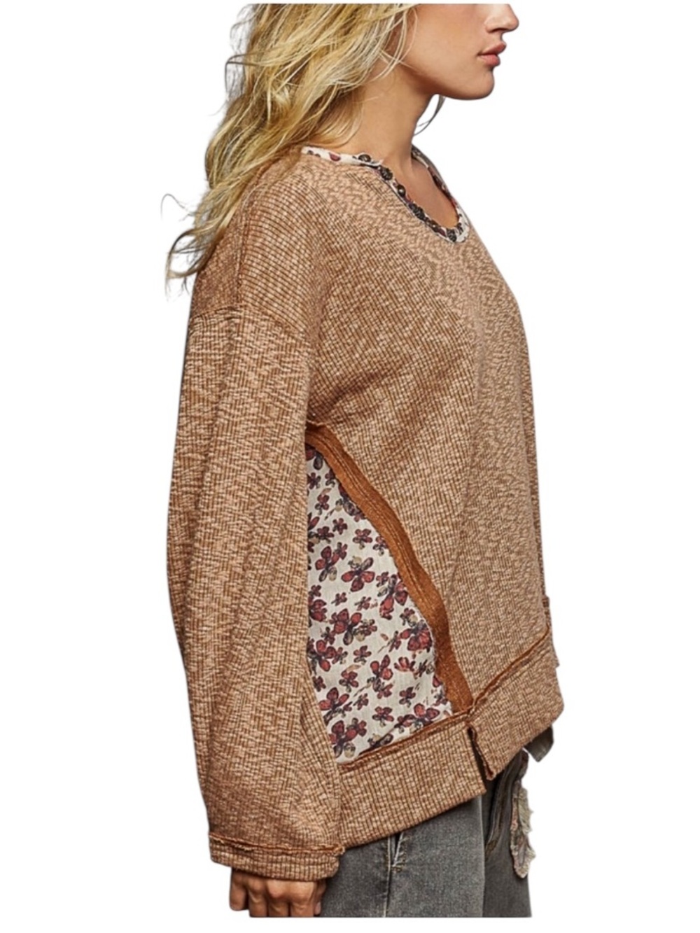 POL Brown Scoop Neck Balloon Sleeve with Floral accents Top - Picture 4 of 7